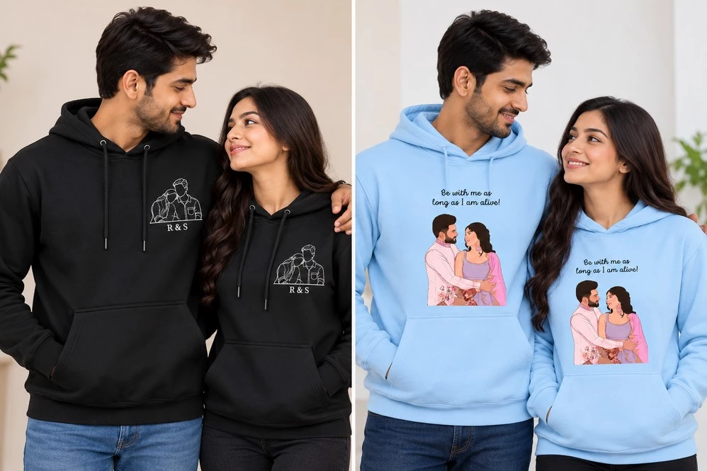 Comparison of black couple hoodies with white line-art designs and blue hoodies featuring colourful custom couple portraits.