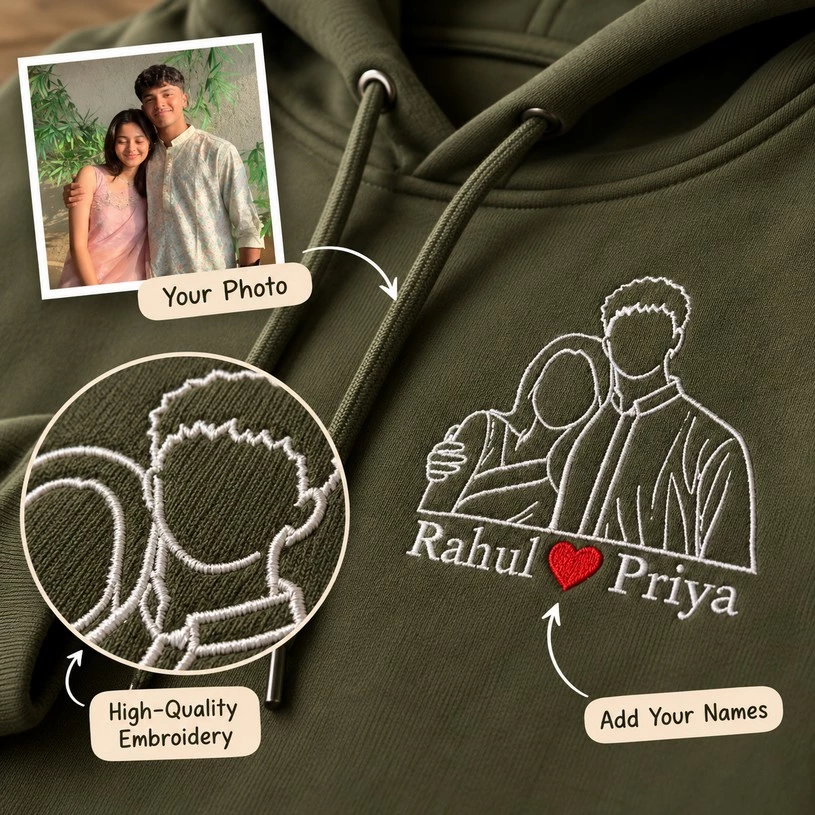 Olive-green personalized hoodie showing couple photo inspiration, white line art embroidery, Rahul and Priya names, and a red heart.