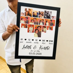 Customer holding a black personalized anniversary photo frame with a heart-shaped picture collage, couple names and relationship milestones.