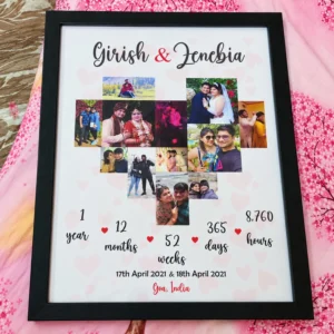 Black personalized couple photo frame with heart-shaped wedding and travel picture collage, anniversary milestones and pink heart accents.