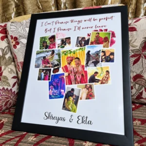 Personalized black wedding photo collage frame with multiple couple pictures, romantic promise quote and custom names, resting on a sofa.