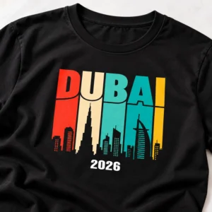 Close-up flat-lay of a black family vacation T-shirt showing the Dubai 2026 skyline print in red, cream, teal, and yellow.