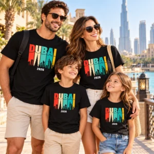 Happy family wearing matching black Dubai 2026 vacation T-shirts in a warm outdoor holiday setting with city skyline in the background.