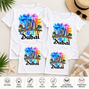 Four white Dubai family T-shirts displayed with quality details including 180 GSM, 100% cotton, super combed, pre shrunk, and bio washed.