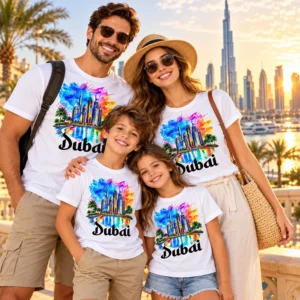 Happy family wearing matching white Dubai graphic T-shirts during a golden-hour vacation with the Dubai skyline in the background.