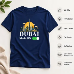 Navy blue Dubai Mode ON T-shirt flat lay with visible quality specifications including 180 GSM, 100% cotton, super combed, pre shrunk, bio washed, and neck details.