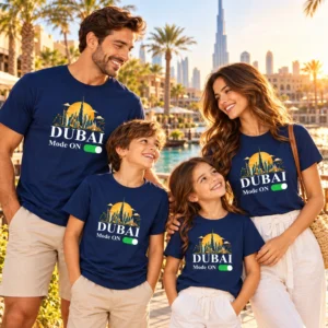 Happy family wearing matching navy blue Dubai Mode ON T-shirts in a warm sunset vacation scene with palm trees, water, and city buildings behind them.
