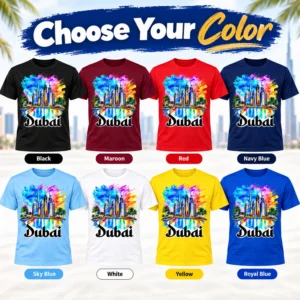 Dubai skyline graphic T-shirts displayed in eight colors: black, maroon, red, navy blue, sky blue, white, yellow, and royal blue.