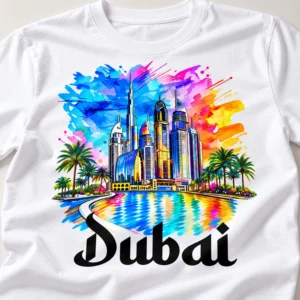 Close-up of a white Dubai graphic T-shirt showing a colorful watercolor skyline, Burj Khalifa, palm trees, and bold Dubai lettering.