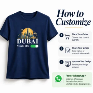 Customization guide image for a navy blue Dubai Mode ON T-shirt showing order steps and a WhatsApp ordering option.