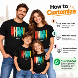 Customization guide for Dubai 2026 family vacation T-shirts showing a matching family in black shirts and steps for ordering, sharing details, and approving the design.