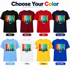Color option chart for Dubai 2026 family vacation T-shirts showing black, maroon, red, navy blue, sky blue, white, yellow, and royal blue.