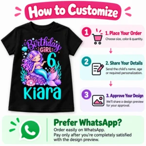 How to customize infographic for a personalized birthday girl kids t-shirt showing the black mermaid design with Kiara and steps for ordering, sharing details, and approving the design.