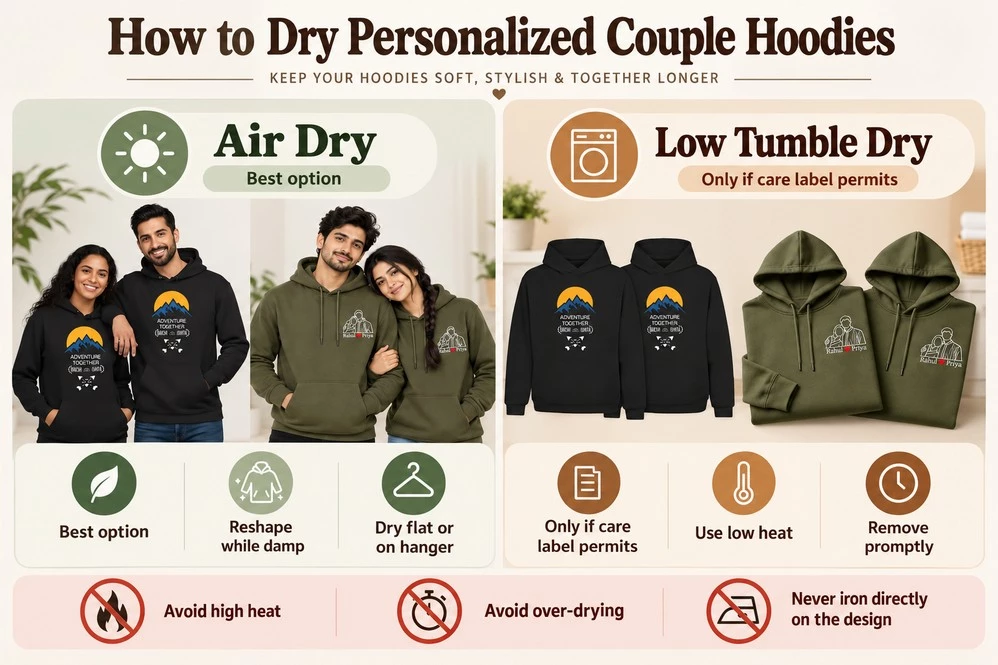 Air drying versus low tumble drying comparison for personalized couple hoodies, with instructions to avoid excessive heat, over-drying and direct ironing on designs.