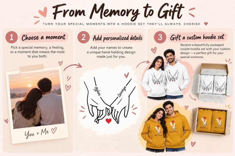 Three-step infographic showing how to turn a special couple memory into personalized hoodie gifts by choosing a moment, adding custom names and selecting matching hoodies.