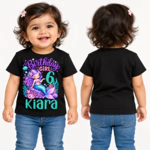 Front and back view of a child wearing a black personalized birthday girl kids t-shirt with a mermaid design and the name Kiara.