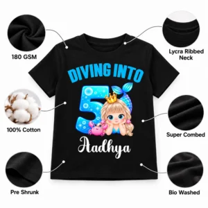 Black personalized kids birthday t-shirt with mermaid design and visible quality callouts for 180 GSM, 100% cotton, super combed, pre shrunk, bio washed, and lycra ribbed neck.