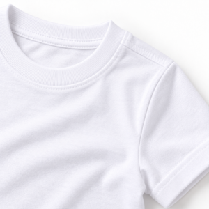 Close-up of white kids t-shirt fabric showing ribbed crew neckline, shoulder stitching, sleeve hem, and cotton texture