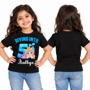 Front and back view of a child wearing a black personalized birthday kids t-shirt with a mermaid "Diving Into 5" design on the front.
