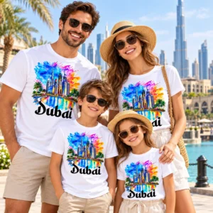 Smiling family of four wearing matching white Dubai skyline T-shirts and sunglasses beside a sunny Dubai waterfront.