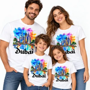 Happy family of four wearing matching white Dubai vacation T-shirts featuring a colorful watercolor skyline and palm tree design.