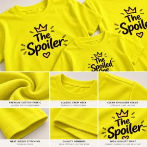 Detailed collage of yellow matching family T-shirts highlighting cotton fabric texture, crew neck construction, shoulder seams, sleeve stitching, hem finishing, and The Spoiler printed design.