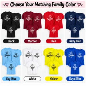Matching family T-shirt color chart showing coordinated adult and children's The Spoiler and The Spoiled One sets in black, maroon, red, navy blue, sky blue, white, yellow, and royal blue.