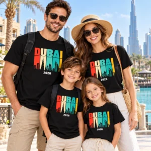 Family wearing matching black Dubai 2026 vacation T-shirts outdoors in a Dubai-style travel setting with skyline and waterfront background.