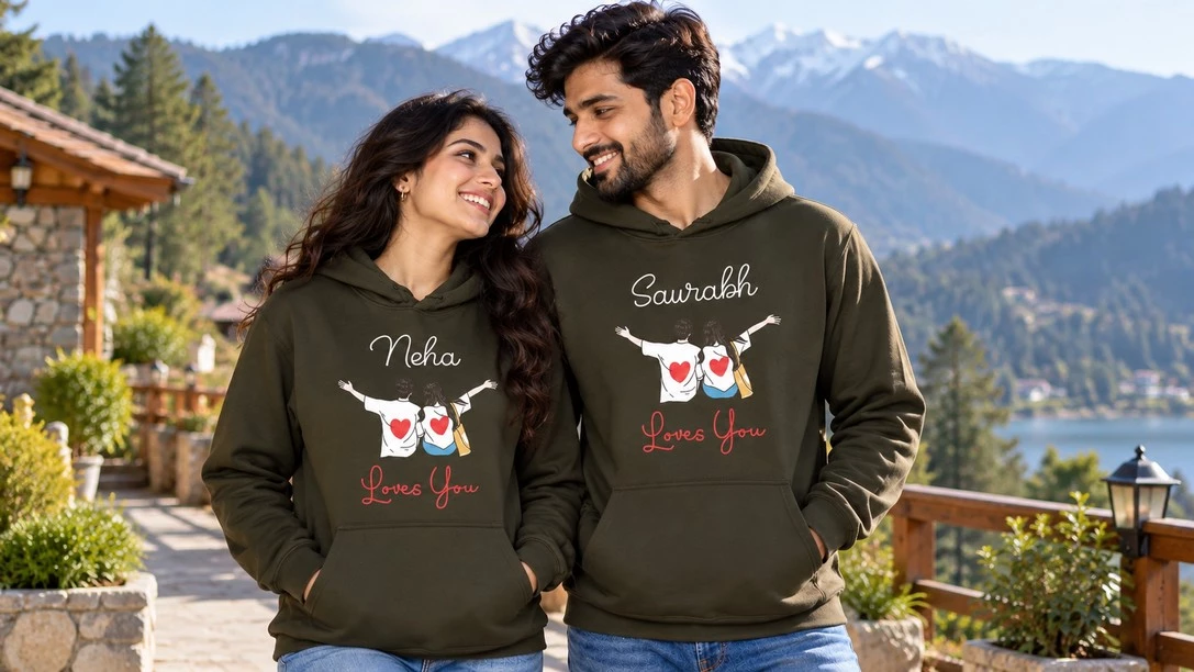 Couple wearing olive-green personalized Neha and Saurabh hoodies with romantic heart illustrations during a scenic mountain honeymoon.