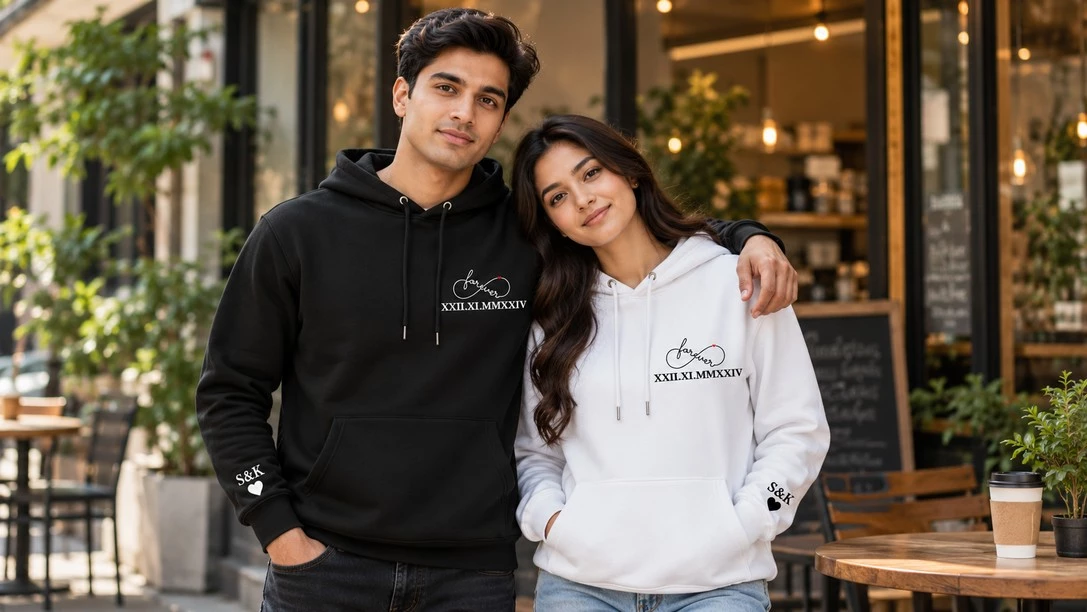 Couple wearing matching black and white hoodies with subtle Forever chest prints, Roman dates and personalized sleeve initials.