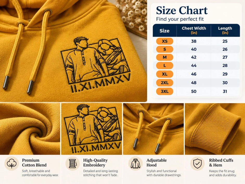 Mustard-yellow personalized couple hoodie with black line art embroidery, fabric close-ups, stitching details, and a hoodie size chart.