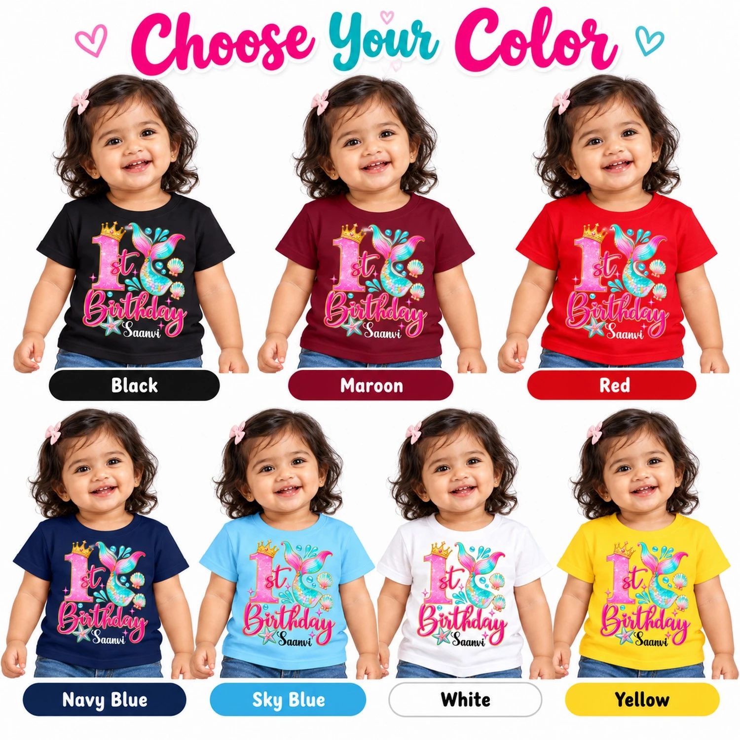 Color options image for a personalized 1st birthday kids t-shirt showing black, maroon, red, navy blue, sky blue, white, and yellow