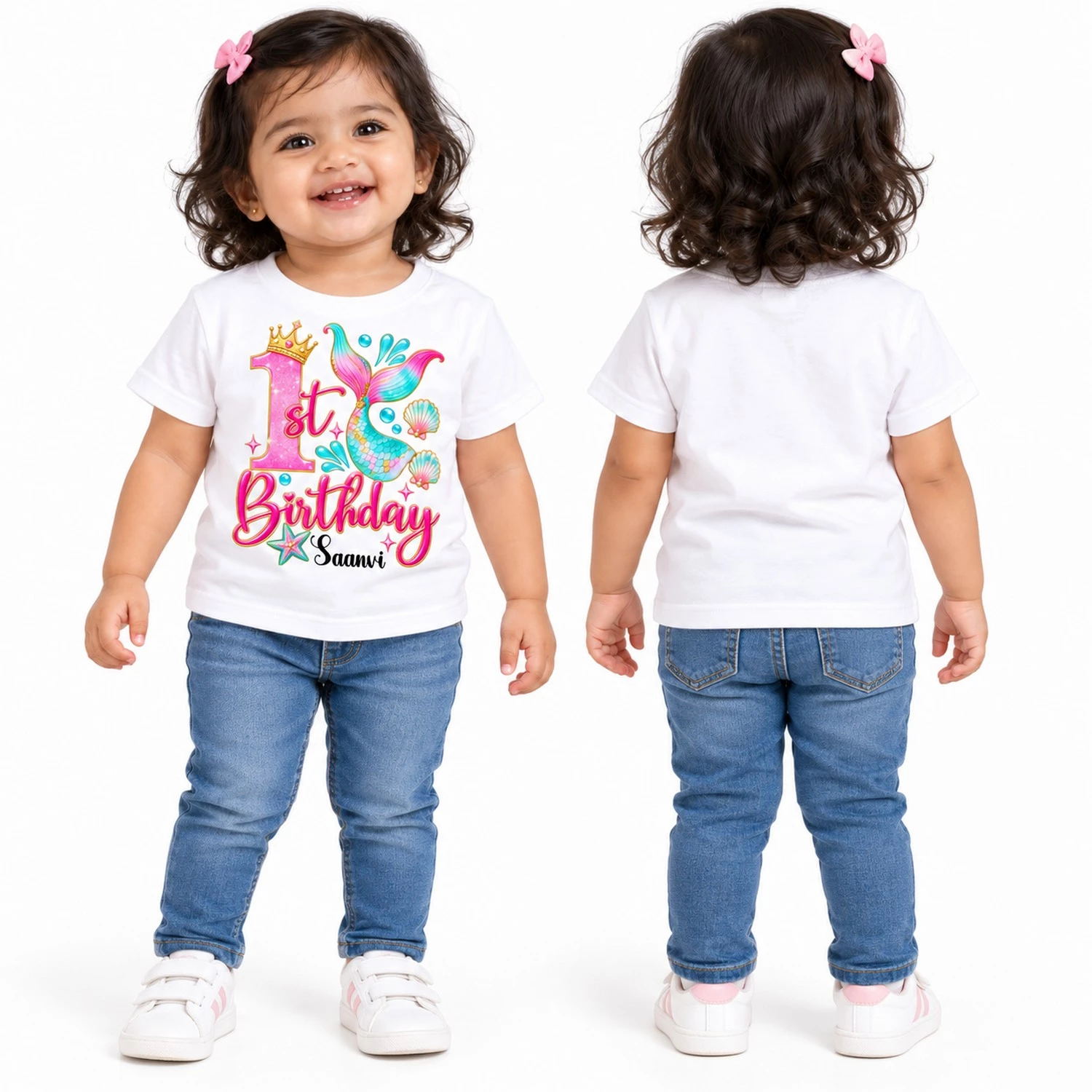 Front and back view of a toddler wearing a white personalized 1st birthday kids t-shirt with mermaid design on the front and plain back