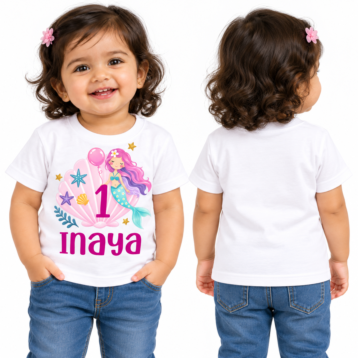 Front and back view of a toddler wearing a white personalized 1st birthday kids t-shirt with mermaid design and the name Inaya