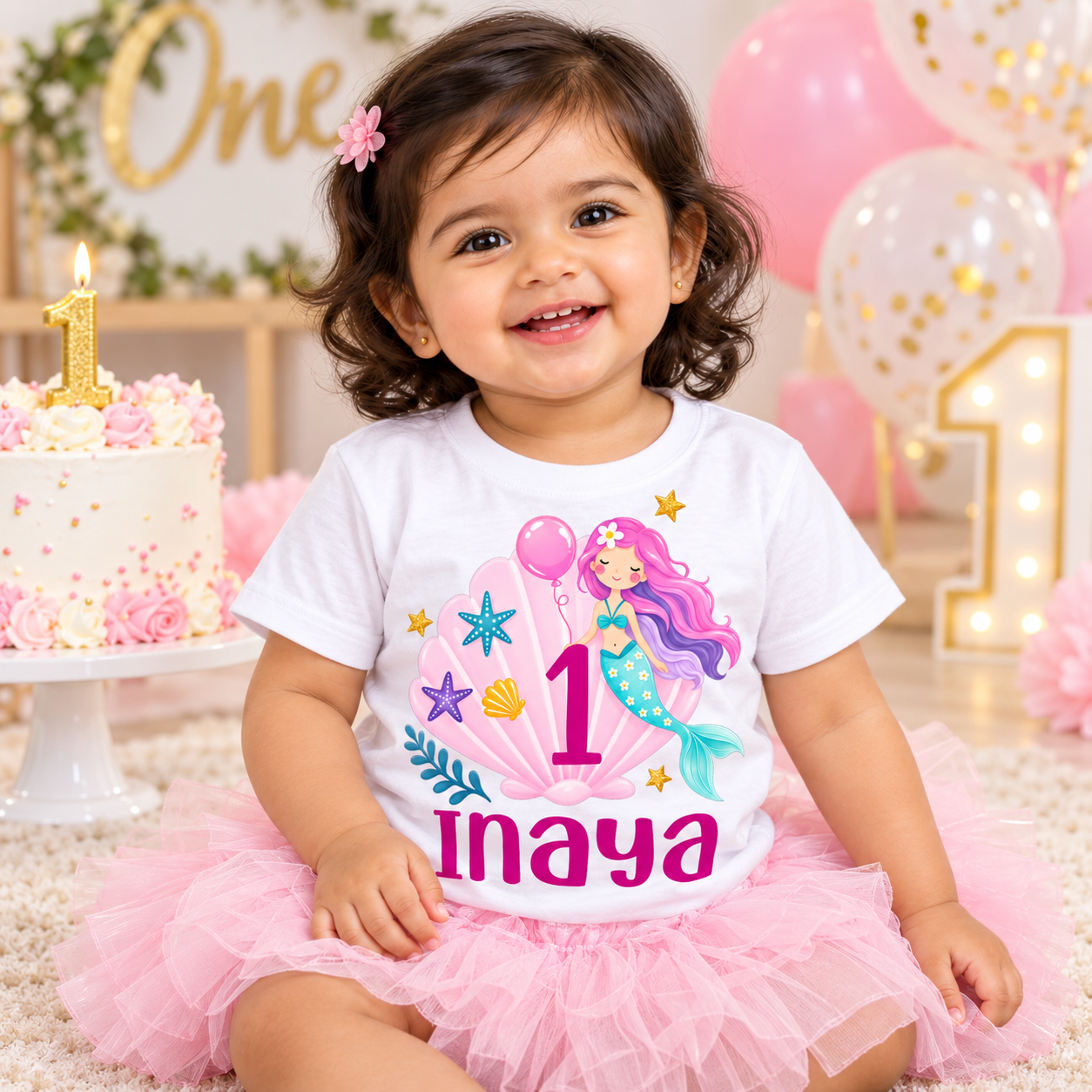 Toddler wearing a white personalized 1st birthday kids t-shirt with Inaya mermaid design in a birthday setting with cake, balloons, and number 1 decor