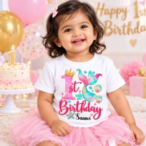 Toddler in a birthday setting wearing a white personalized 1st birthday kids t-shirt with mermaid design and the name Saanvi