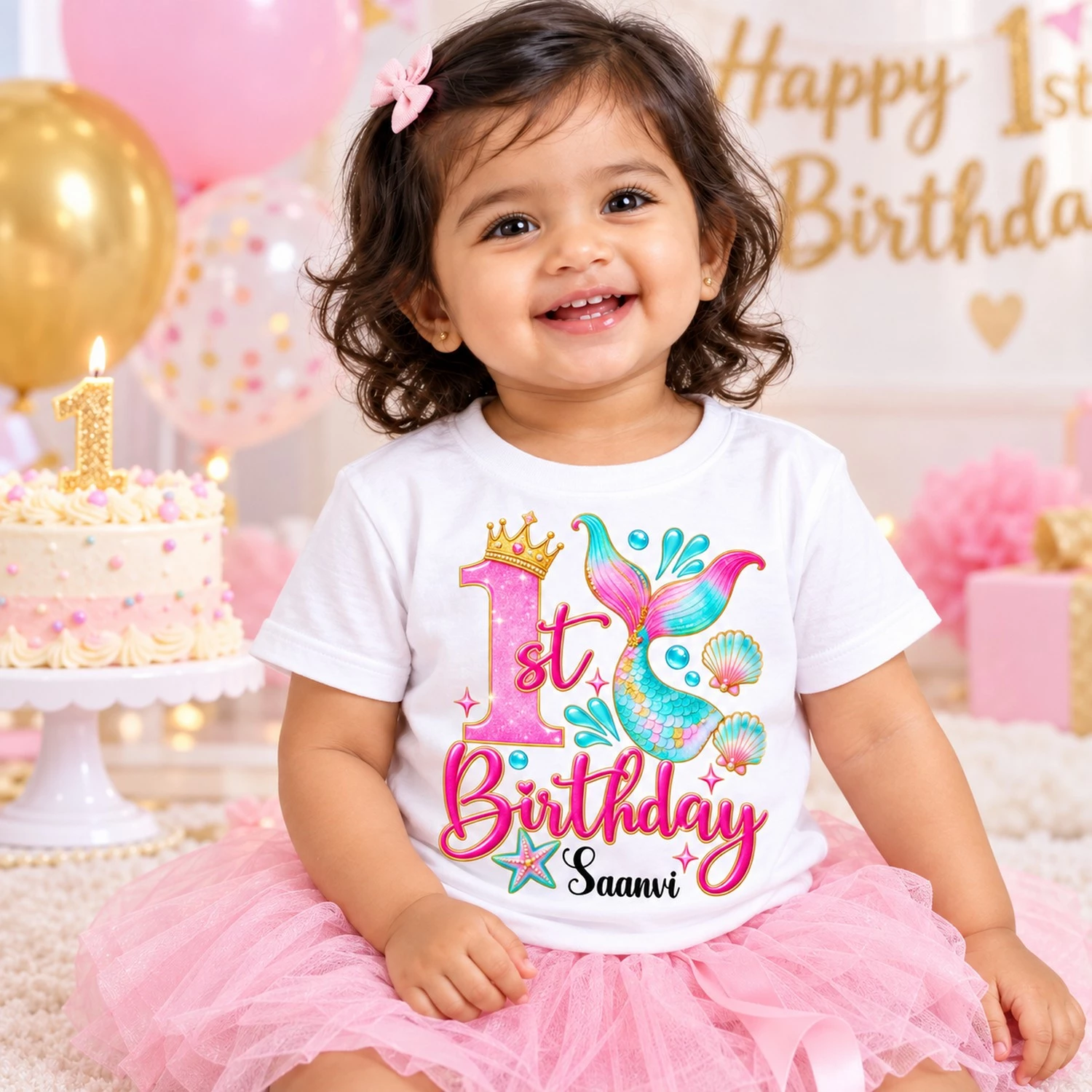 Toddler in a birthday setting wearing a white personalized 1st birthday kids t-shirt with mermaid design and the name Saanvi