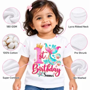 Specification image of a personalized 1st birthday kids t-shirt showing 180 GSM, 100% cotton, super combed, pre shrunk, bio washed, and lycra ribbed neck