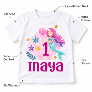 White personalized 1st birthday kids t-shirt with mermaid design and specification callouts including 180 GSM, 100% cotton, super combed, pre shrunk, bio washed, and lycra ribbed neck