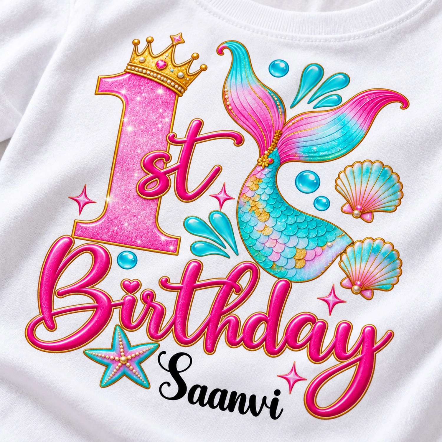 Close-up print detail of a personalized 1st birthday t-shirt with pink birthday lettering, mermaid tail artwork, and the name Saanvi