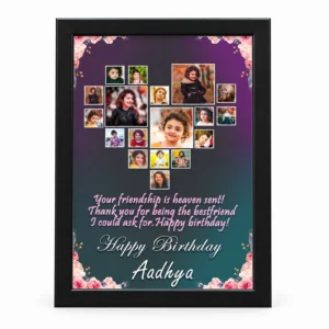 Personalized baby birthday photo frame with a black frame, heart-shaped photo collage, floral border, birthday message, and custom name Aadhya.