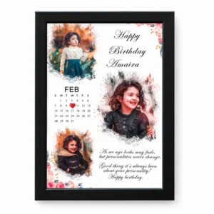 Personalized baby birthday photo frame with three child photos, custom name Amaira, February calendar and highlighted birth date in a black wall-mounted frame.