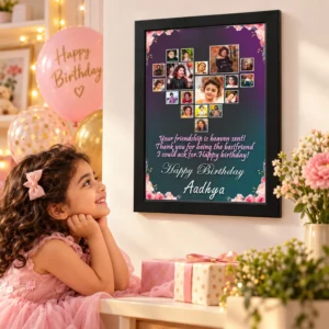 Young girl smiling at a personalized black birthday photo frame mounted on the wall with balloons, flowers, gifts, photo collage, and custom name Aadhya.