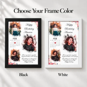 Personalized baby birthday photo frame shown in black and white wall-mounted frame color options with identical custom artwork.