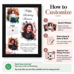 How to customize a personalized baby birthday photo frame by sending three photos, the child’s name and date of birth, then approving the design preview.