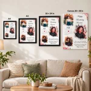 Personalized baby birthday wall art displayed in A4, A3, 18 x 24 inch framed sizes and a 20 x 30 inch unframed canvas option.
