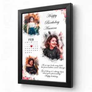 Three-quarter view of a personalized baby birthday photo frame with three photos, custom name Amaira and February birth date calendar in a black frame.