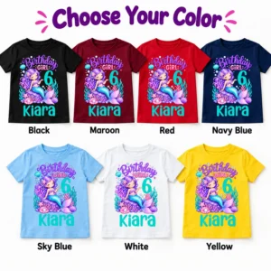 Color options chart for a personalized birthday girl kids t-shirt with mermaid design, available in black, maroon, red, navy blue, sky blue, white, and yellow.