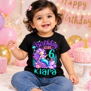Child wearing a black personalized birthday girl kids t-shirt with mermaid design, number 6, and the name Kiara in a birthday party setting with cake and balloons.
