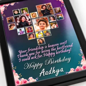 Close-up of a personalized birthday photo collage showing crisp child photos, floral details, custom quote, Happy Birthday text, name Aadhya, and glossy print finish.